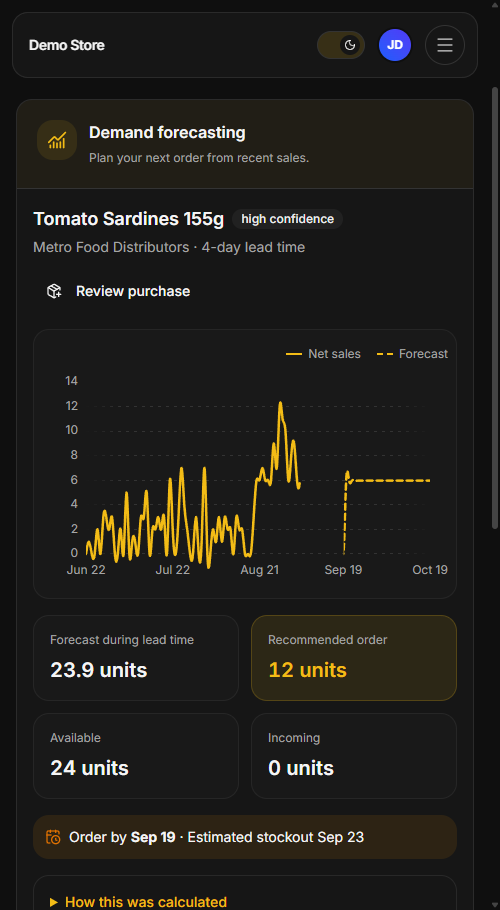 KitaStock mobile inventory dashboard